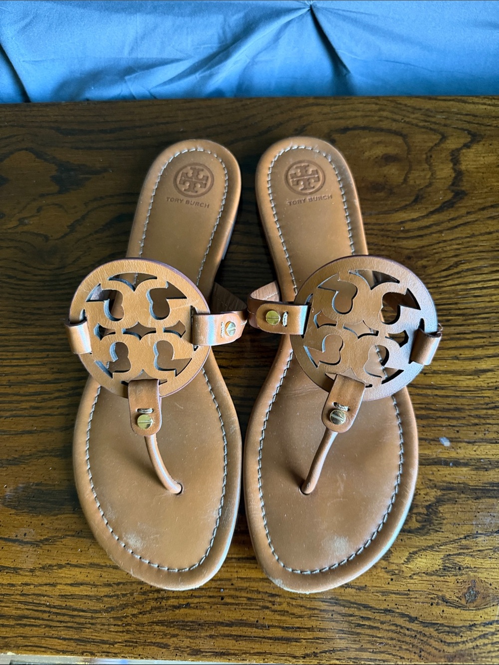 Tory Burch Tan Miller Logo Leather Thong Sandals